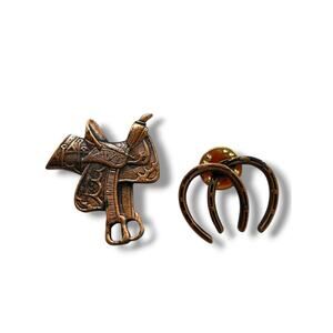 2 Equestrian Theme Lapel Pins Copper Color Horseshoes 1" Saddle 1.6"